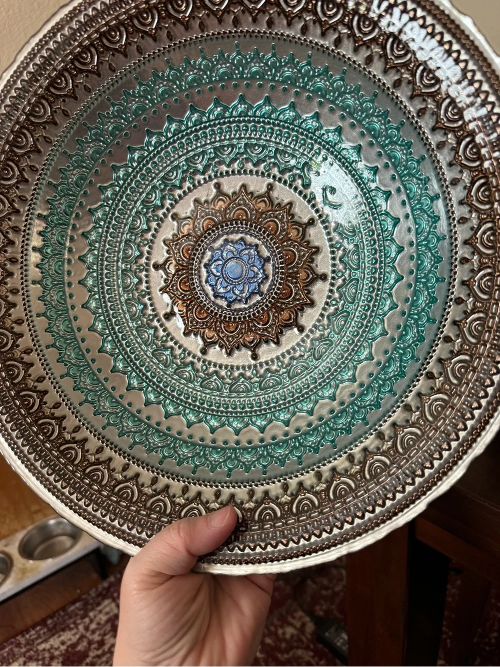 Intricate Teal and Brown Mandala Decorative Glass Bowl - Callout